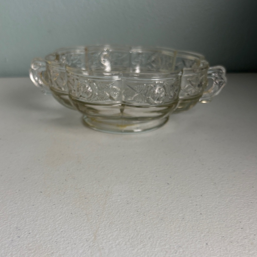 Vintage Jeanette Glass Aztec Rose Pattern Clear Pressed Glass Bowl with Handles